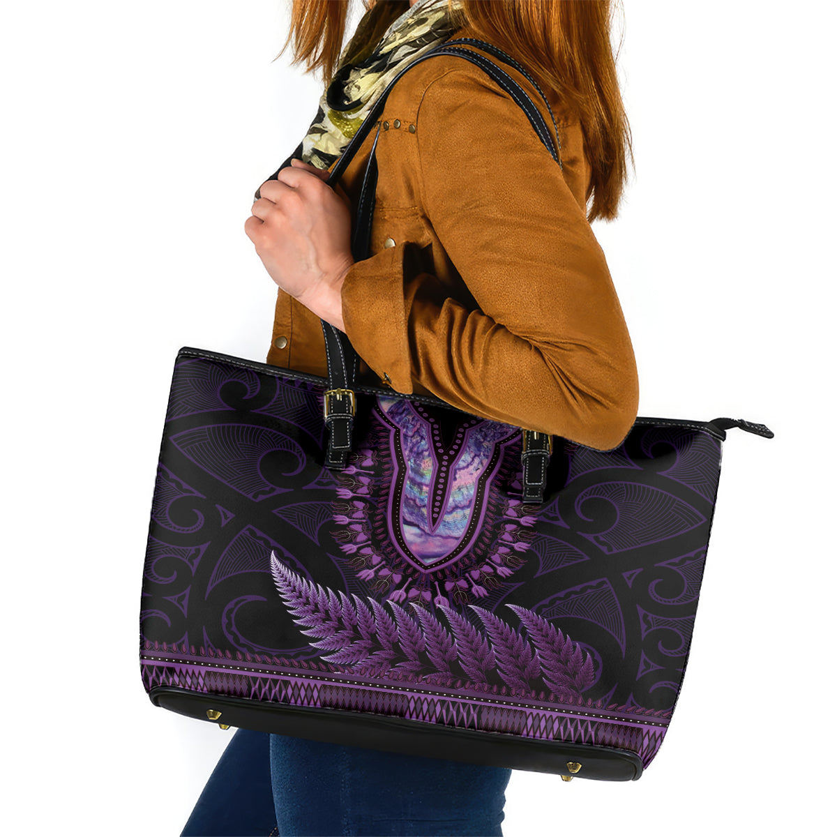 Purple African Dashiki With Aotearoa Maori Leather Tote Bag Paua Shell Mix Silver Fern