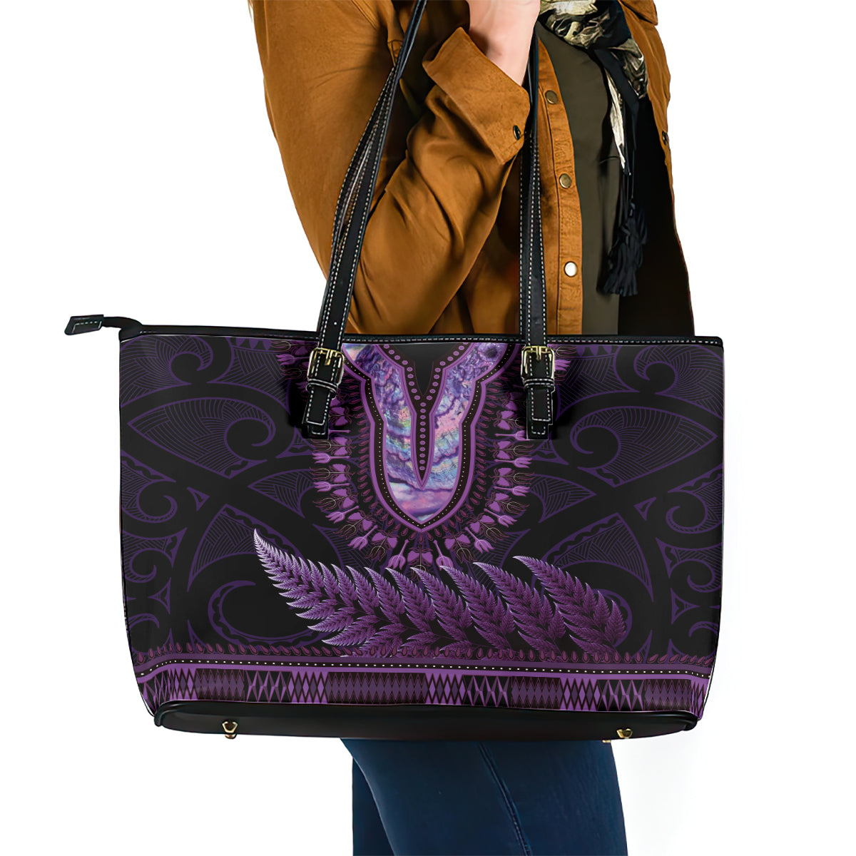 Purple African Dashiki With Aotearoa Maori Leather Tote Bag Paua Shell Mix Silver Fern