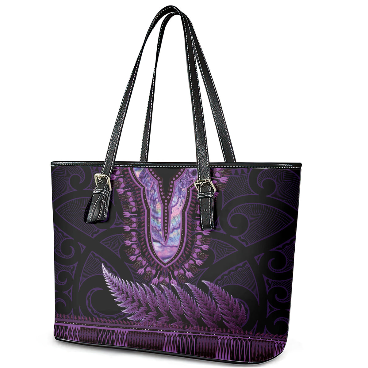 Purple African Dashiki With Aotearoa Maori Leather Tote Bag Paua Shell Mix Silver Fern