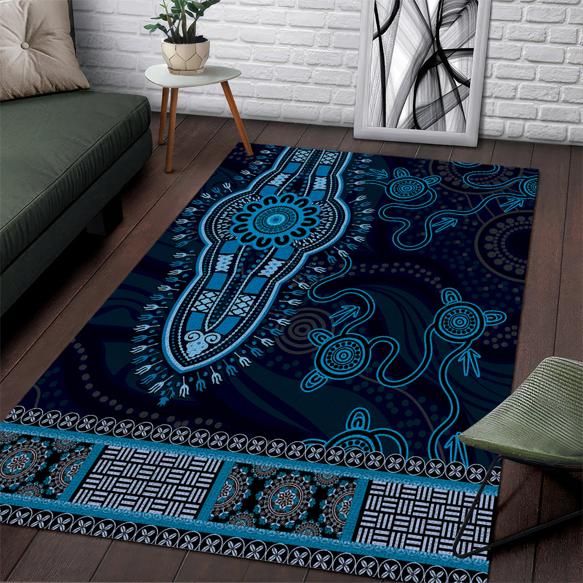 Blue African Dashiki With Australia Aboriginal Art Area Rug