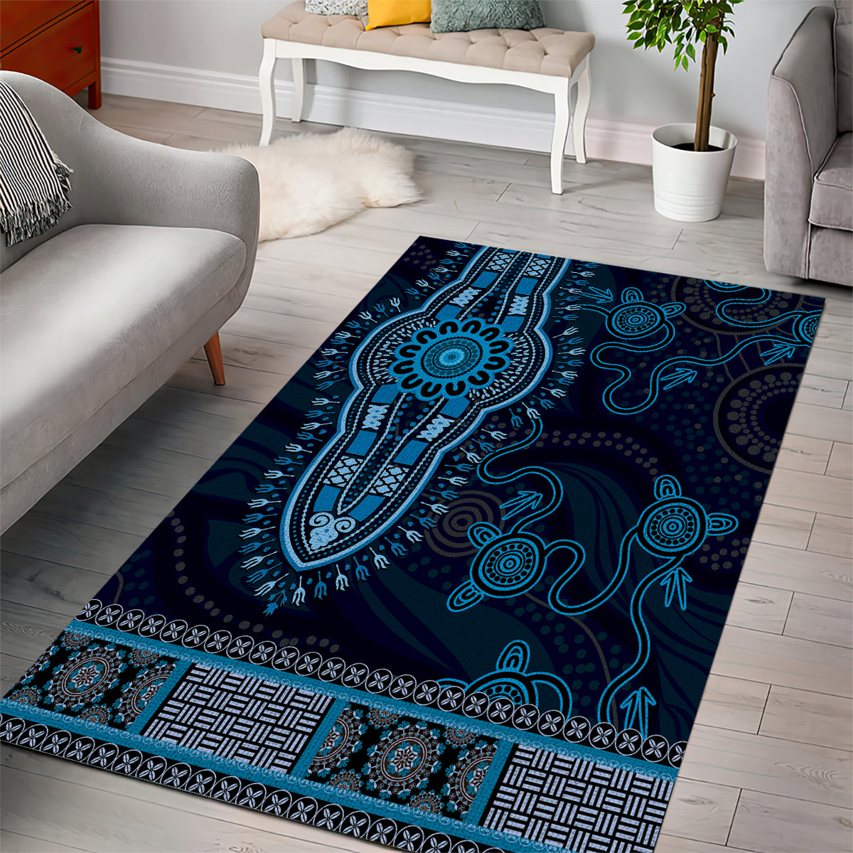 Blue African Dashiki With Australia Aboriginal Art Area Rug