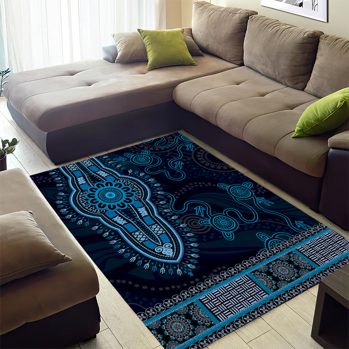 Blue African Dashiki With Australia Aboriginal Art Area Rug