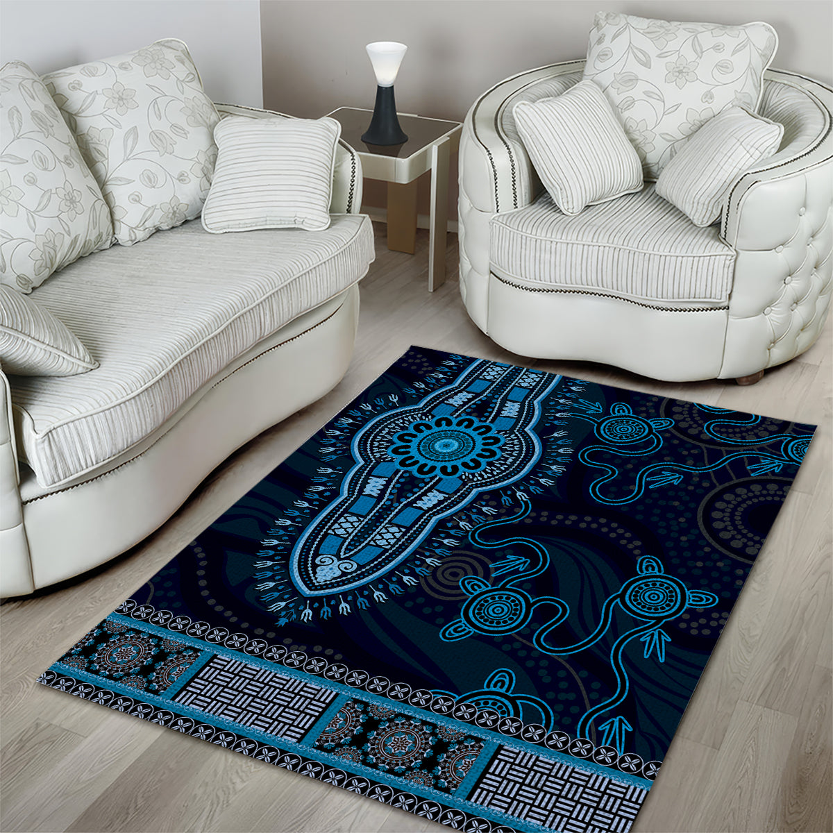 Blue African Dashiki With Australia Aboriginal Art Area Rug