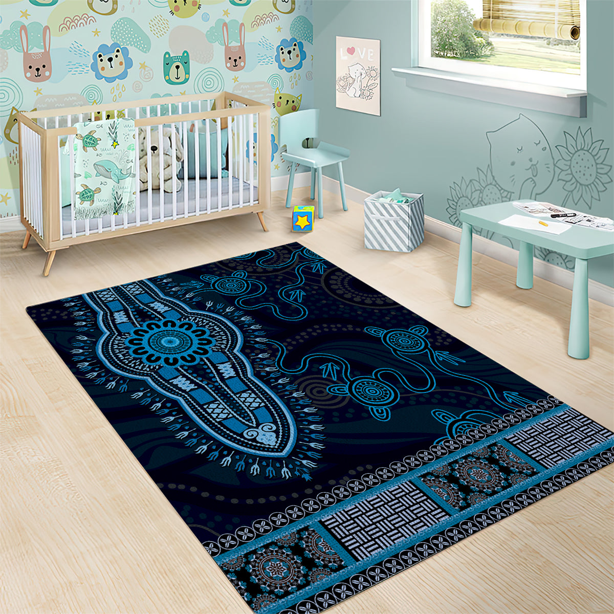 Blue African Dashiki With Australia Aboriginal Art Area Rug