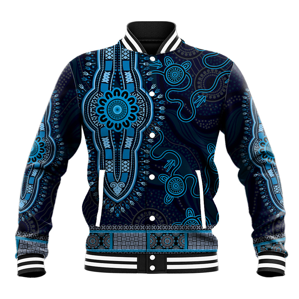 Blue African Dashiki With Australia Aboriginal Art Baseball Jacket