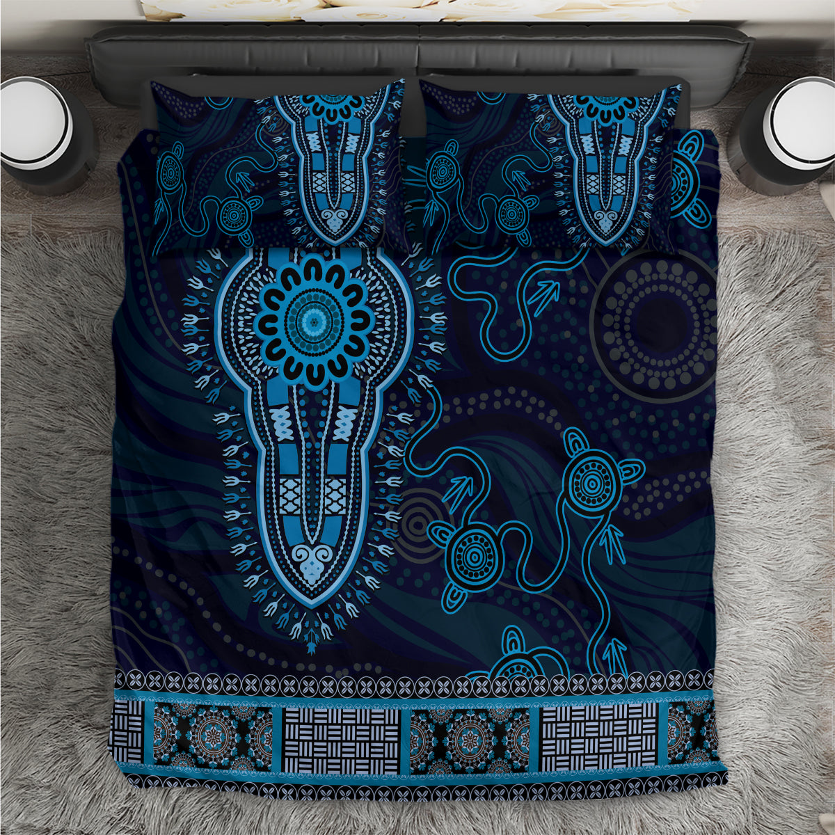 Blue African Dashiki With Australia Aboriginal Art Bedding Set