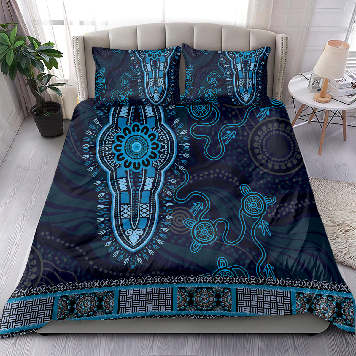 Blue African Dashiki With Australia Aboriginal Art Bedding Set