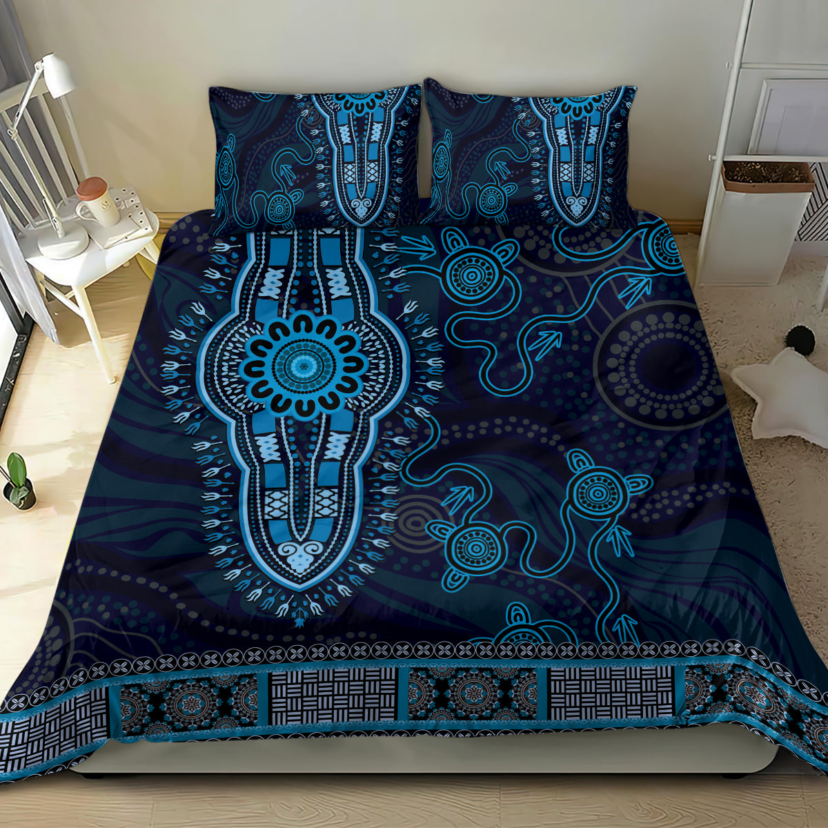 Blue African Dashiki With Australia Aboriginal Art Bedding Set