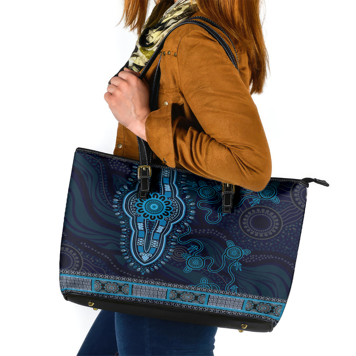 Blue African Dashiki With Australia Aboriginal Art Leather Tote Bag