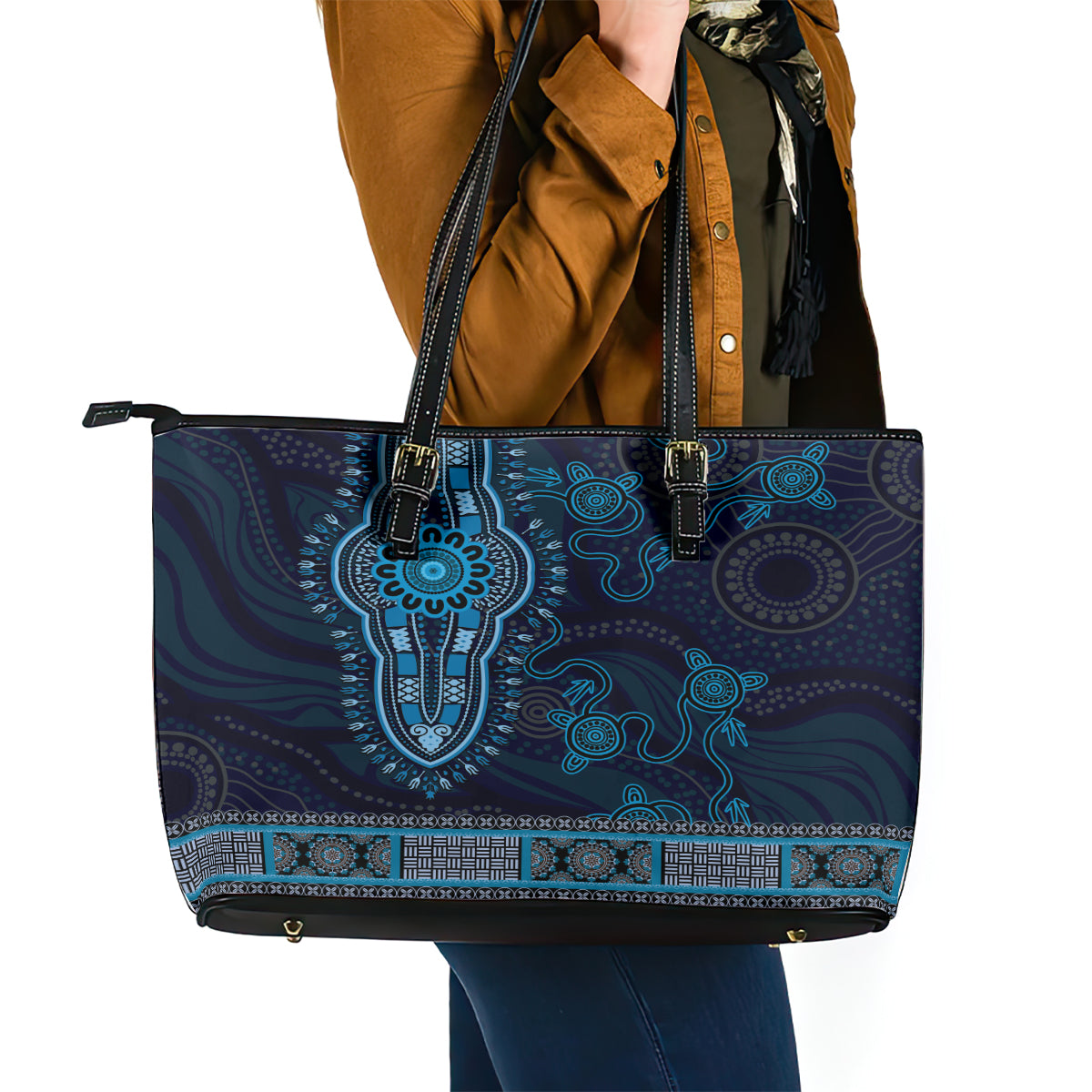 Blue African Dashiki With Australia Aboriginal Art Leather Tote Bag