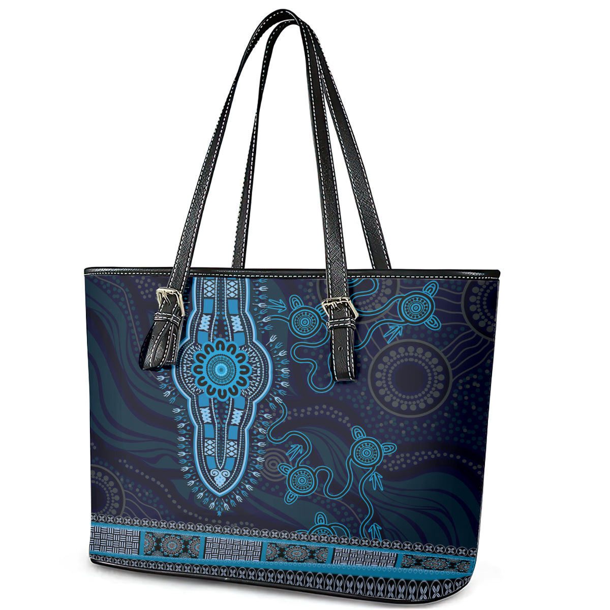 Blue African Dashiki With Australia Aboriginal Art Leather Tote Bag