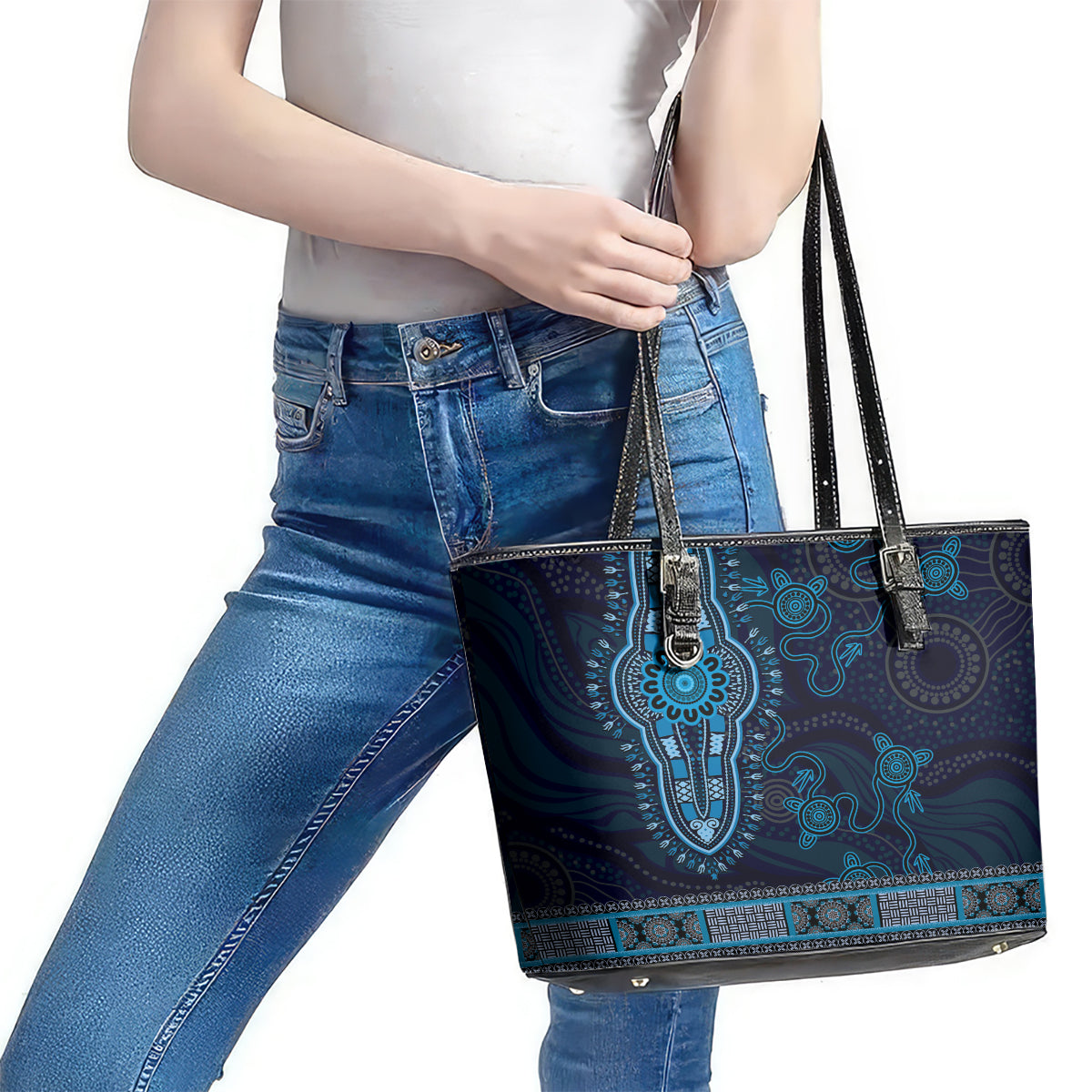 Blue African Dashiki With Australia Aboriginal Art Leather Tote Bag