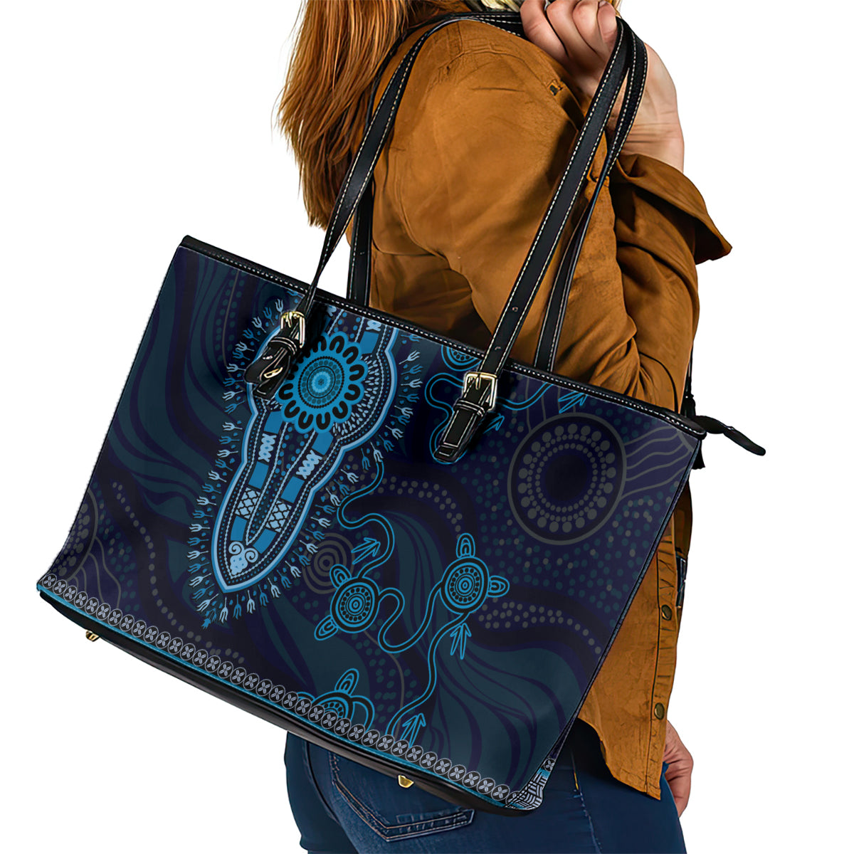 Blue African Dashiki With Australia Aboriginal Art Leather Tote Bag