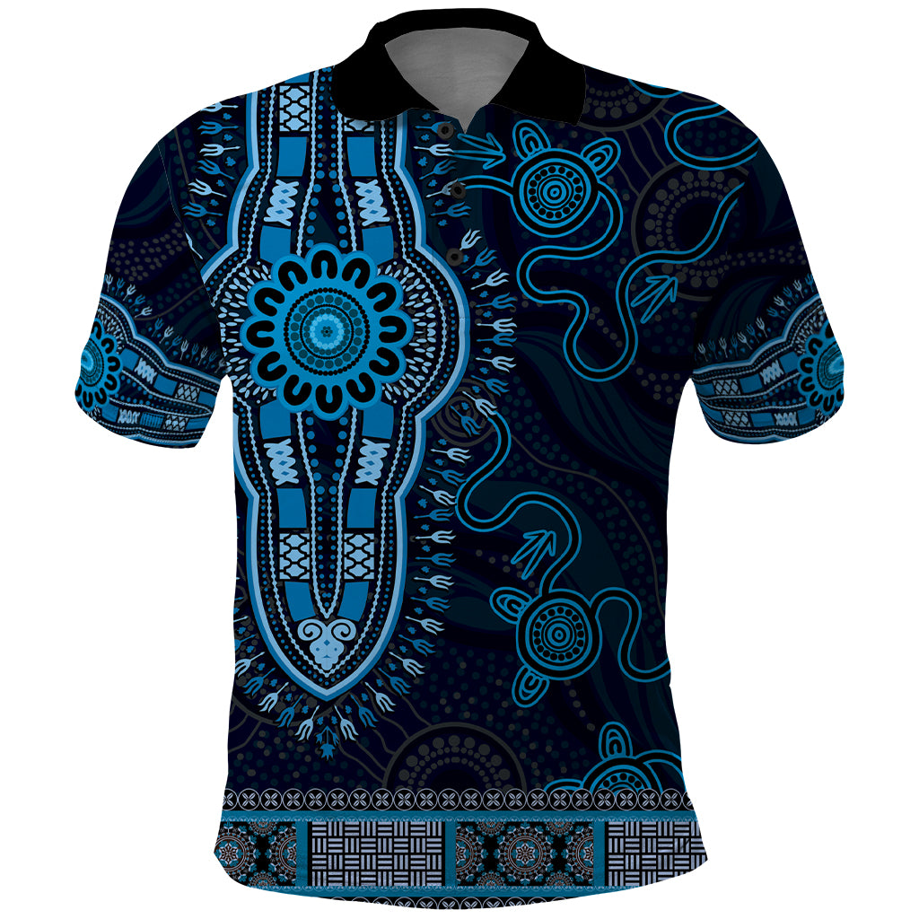 Blue African Dashiki With Australia Aboriginal Art Polo Shirt