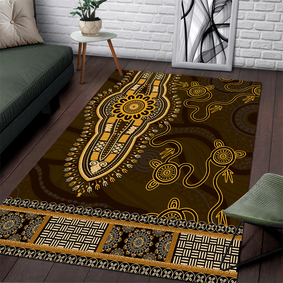 Gold African Dashiki With Australia Aboriginal Art Area Rug