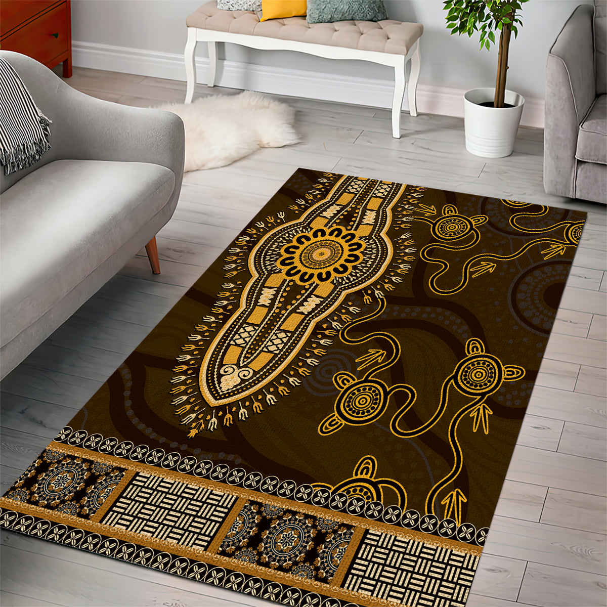 Gold African Dashiki With Australia Aboriginal Art Area Rug