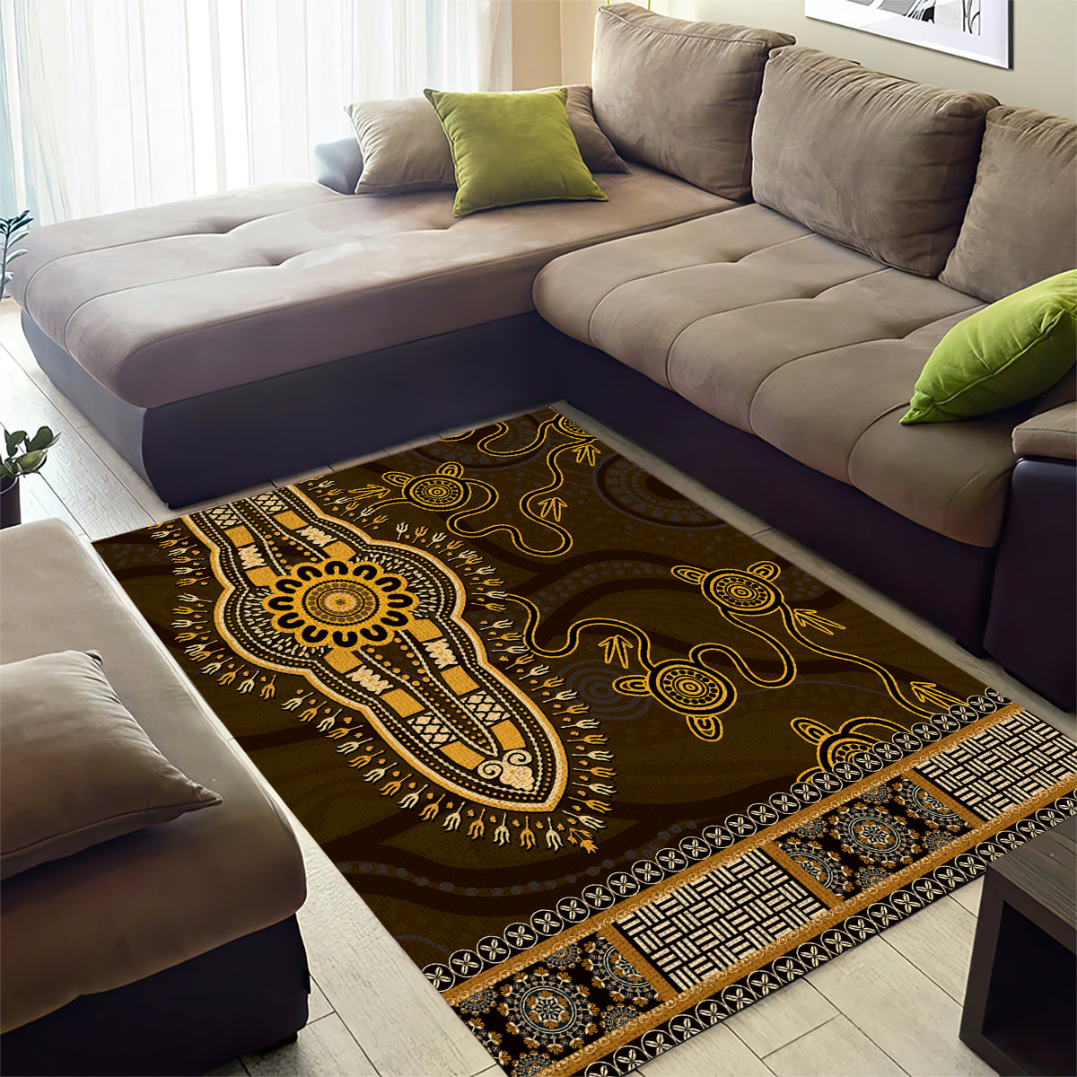 Gold African Dashiki With Australia Aboriginal Art Area Rug