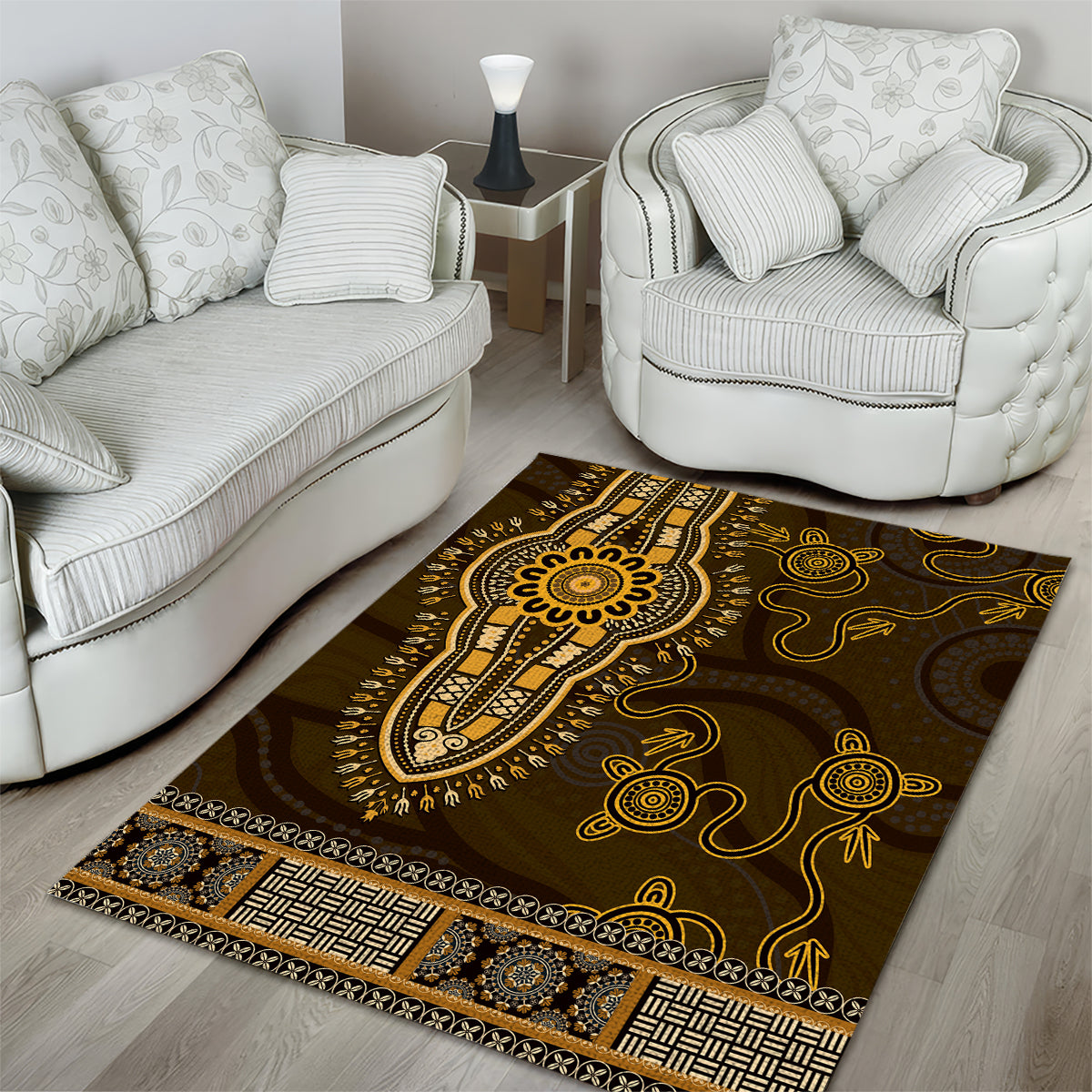 Gold African Dashiki With Australia Aboriginal Art Area Rug