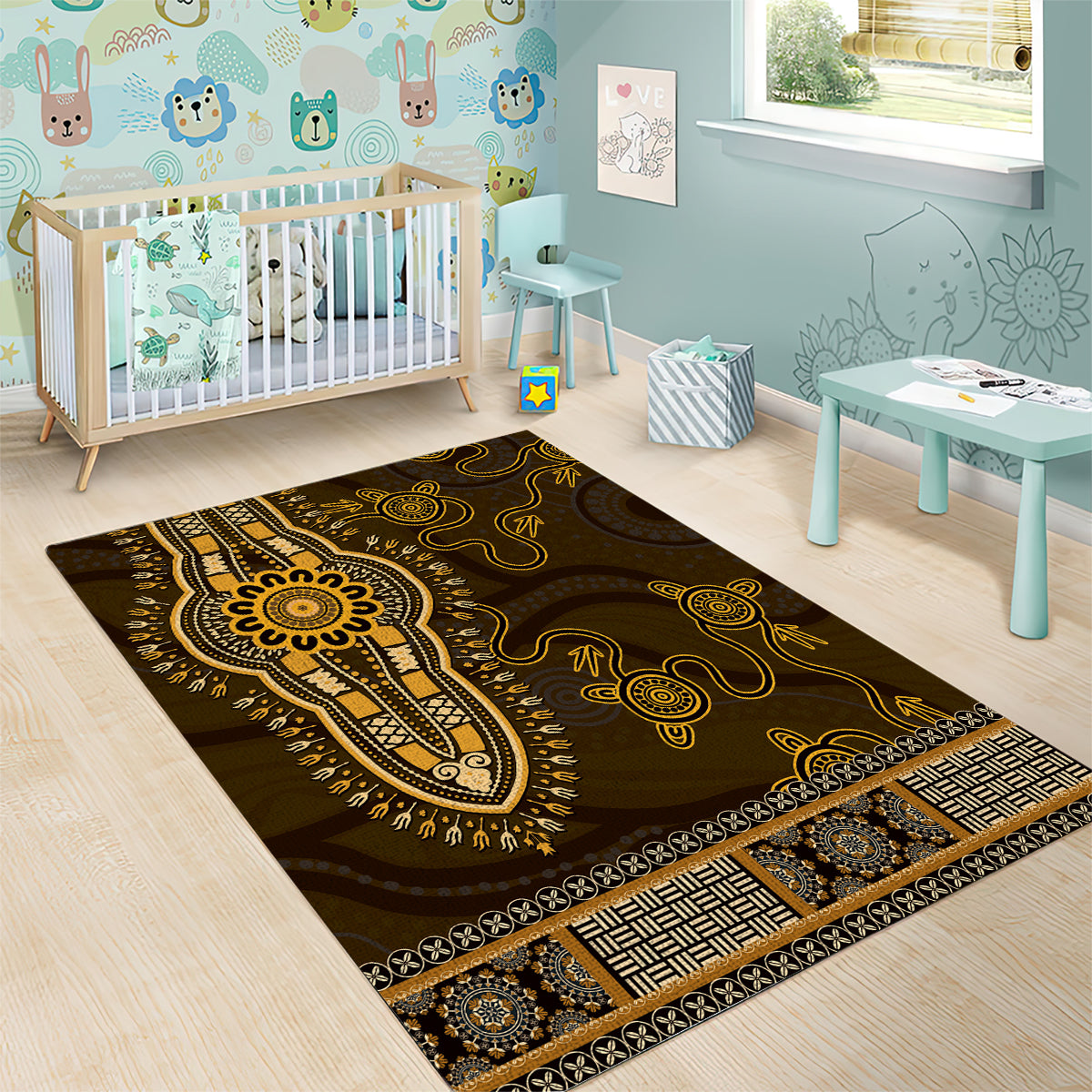 Gold African Dashiki With Australia Aboriginal Art Area Rug