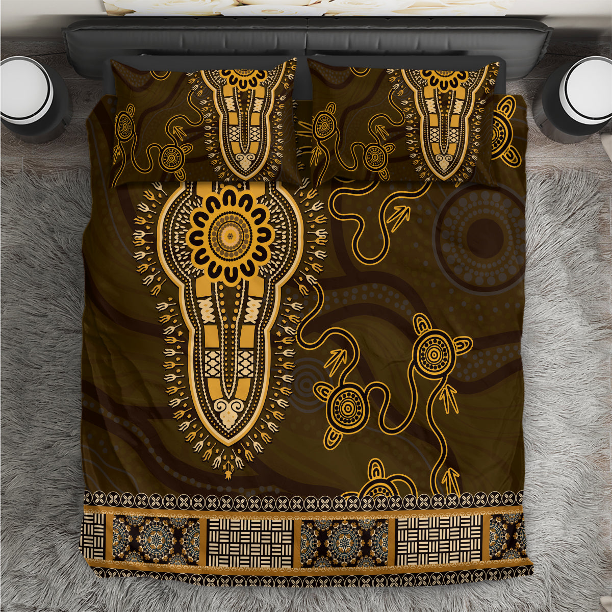 Gold African Dashiki With Australia Aboriginal Art Bedding Set