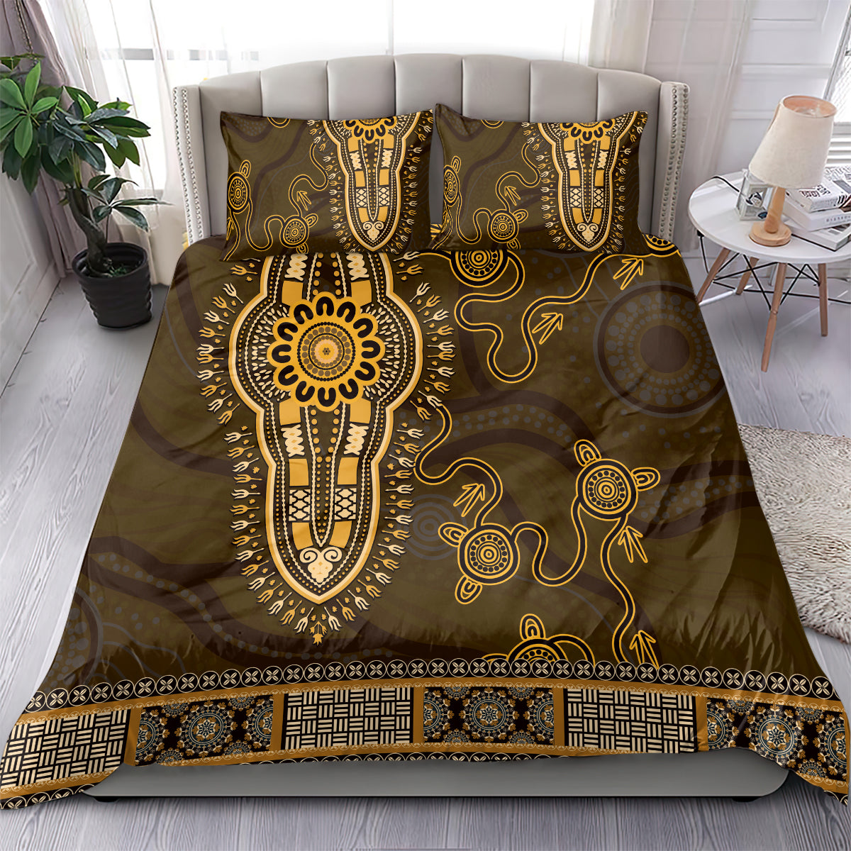 Gold African Dashiki With Australia Aboriginal Art Bedding Set