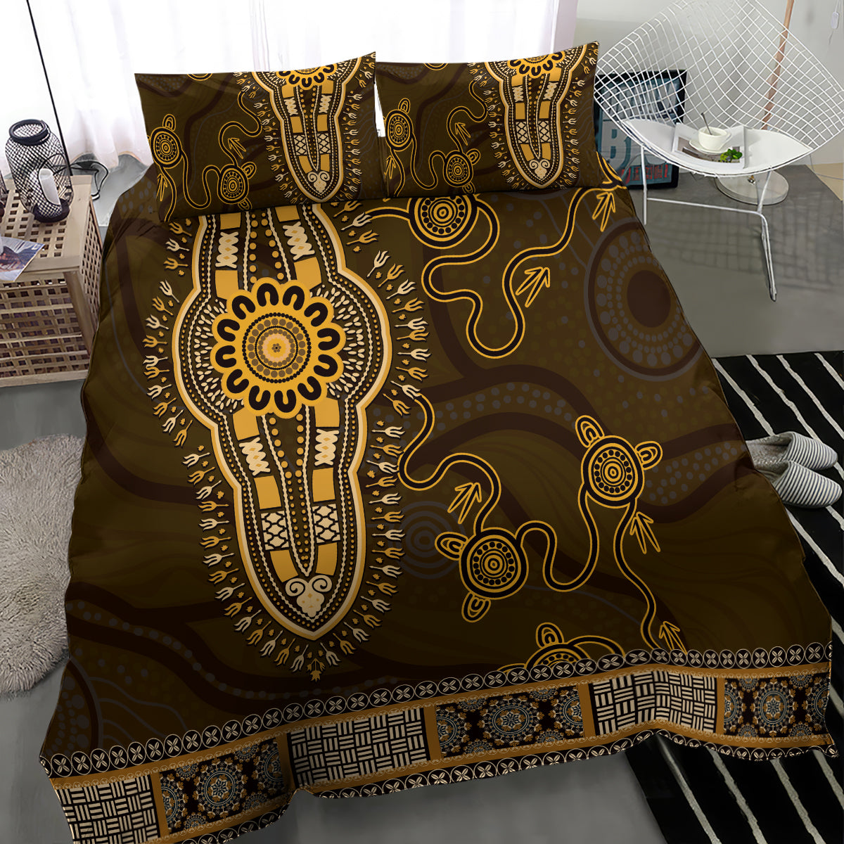 Gold African Dashiki With Australia Aboriginal Art Bedding Set