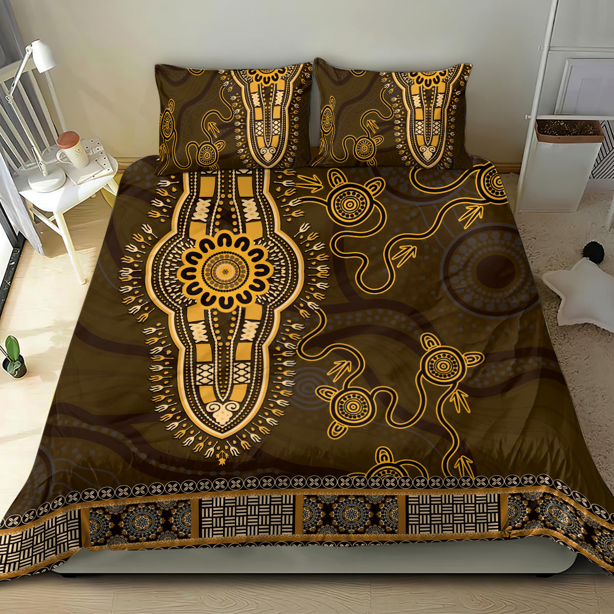 Gold African Dashiki With Australia Aboriginal Art Bedding Set