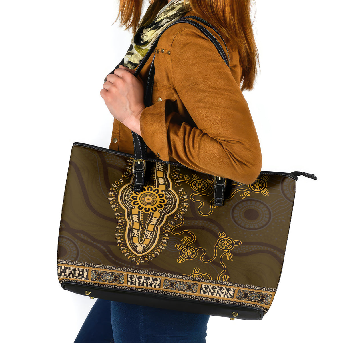 Gold African Dashiki With Australia Aboriginal Art Leather Tote Bag