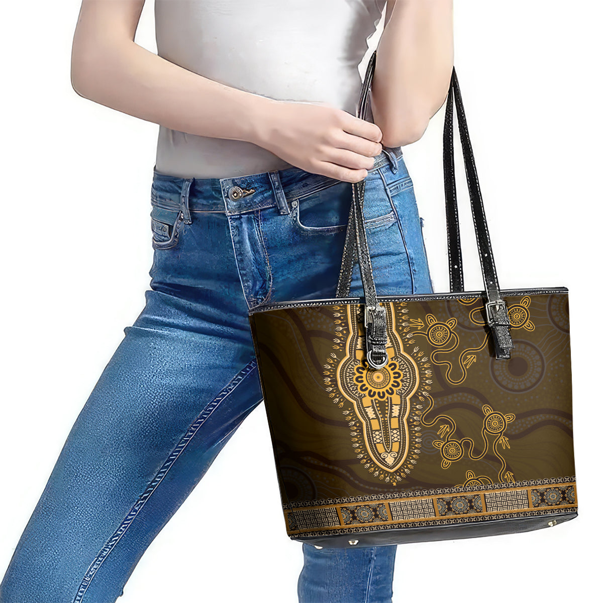 Gold African Dashiki With Australia Aboriginal Art Leather Tote Bag