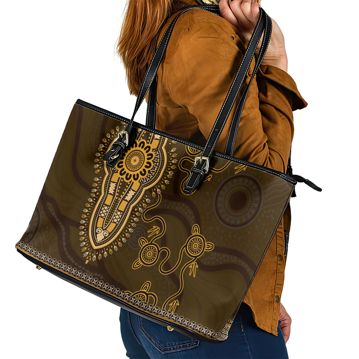 Gold African Dashiki With Australia Aboriginal Art Leather Tote Bag