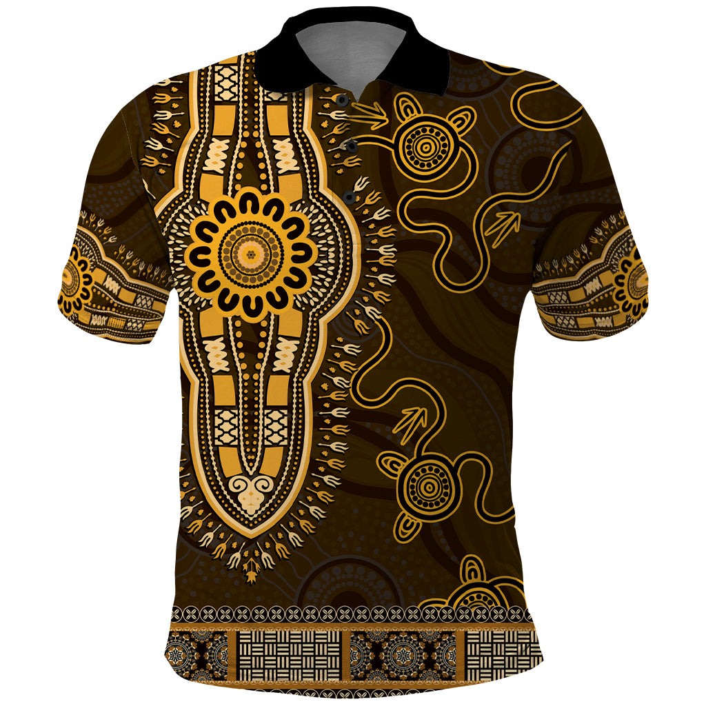 Gold African Dashiki With Australia Aboriginal Art Polo Shirt