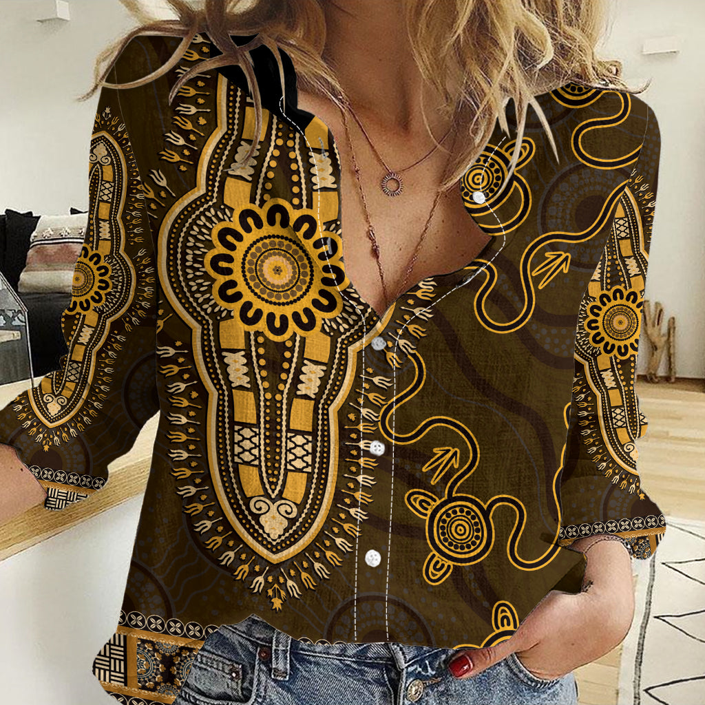 Gold African Dashiki With Australia Aboriginal Art Women Casual Shirt