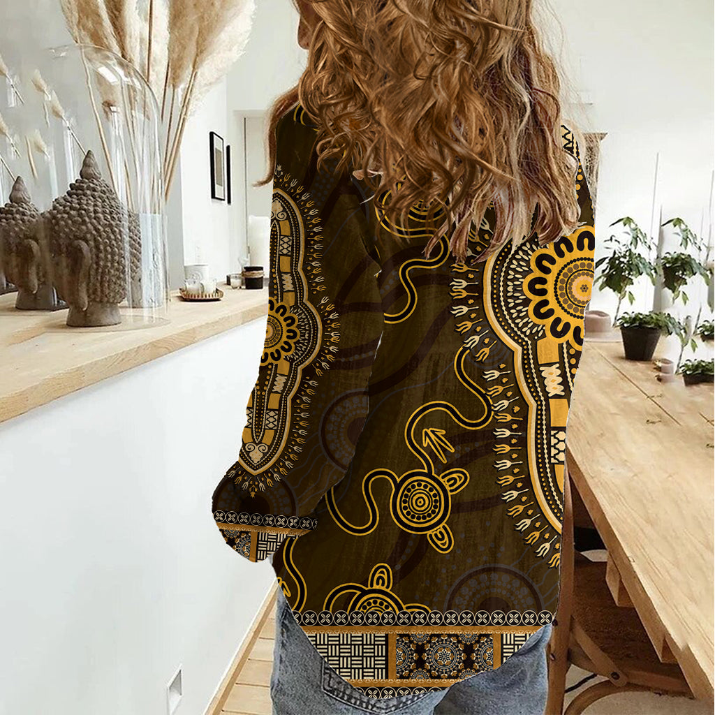 Gold African Dashiki With Australia Aboriginal Art Women Casual Shirt