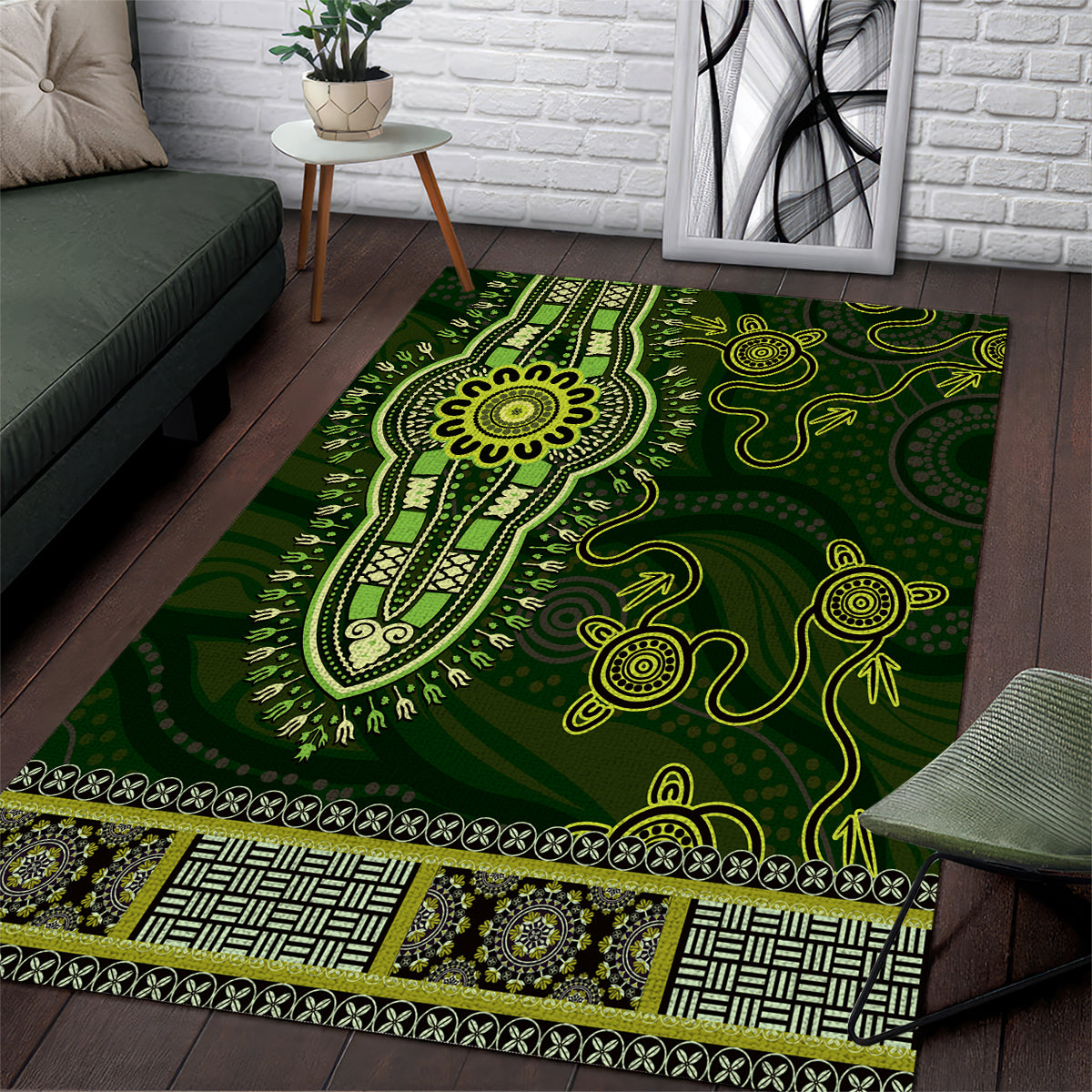 Lime Green African Dashiki With Australia Aboriginal Art Area Rug