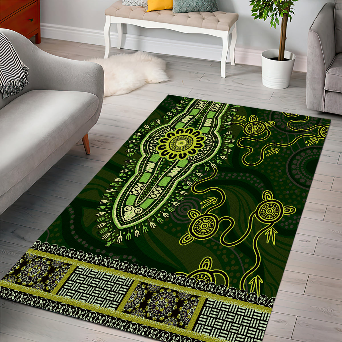 Lime Green African Dashiki With Australia Aboriginal Art Area Rug