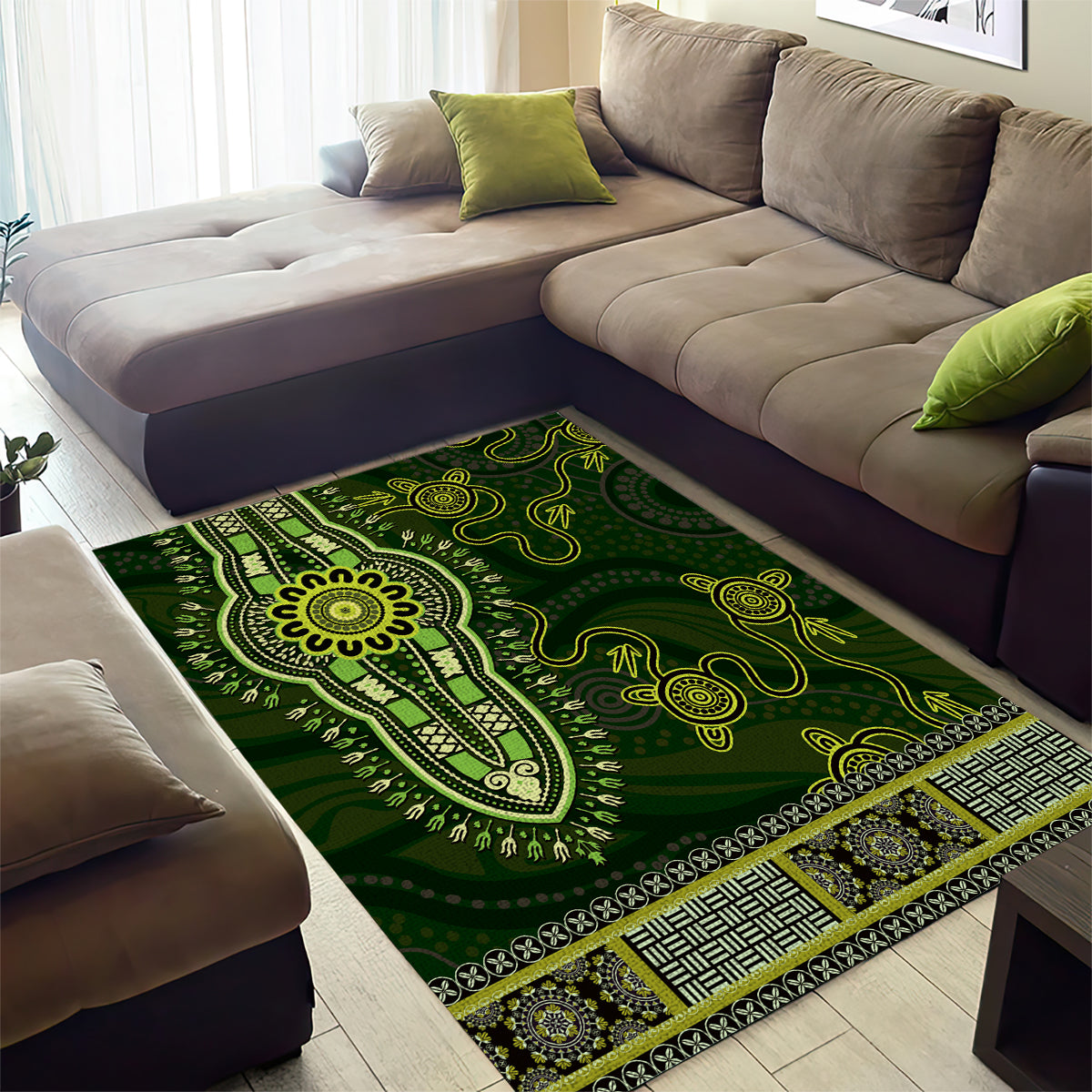 Lime Green African Dashiki With Australia Aboriginal Art Area Rug