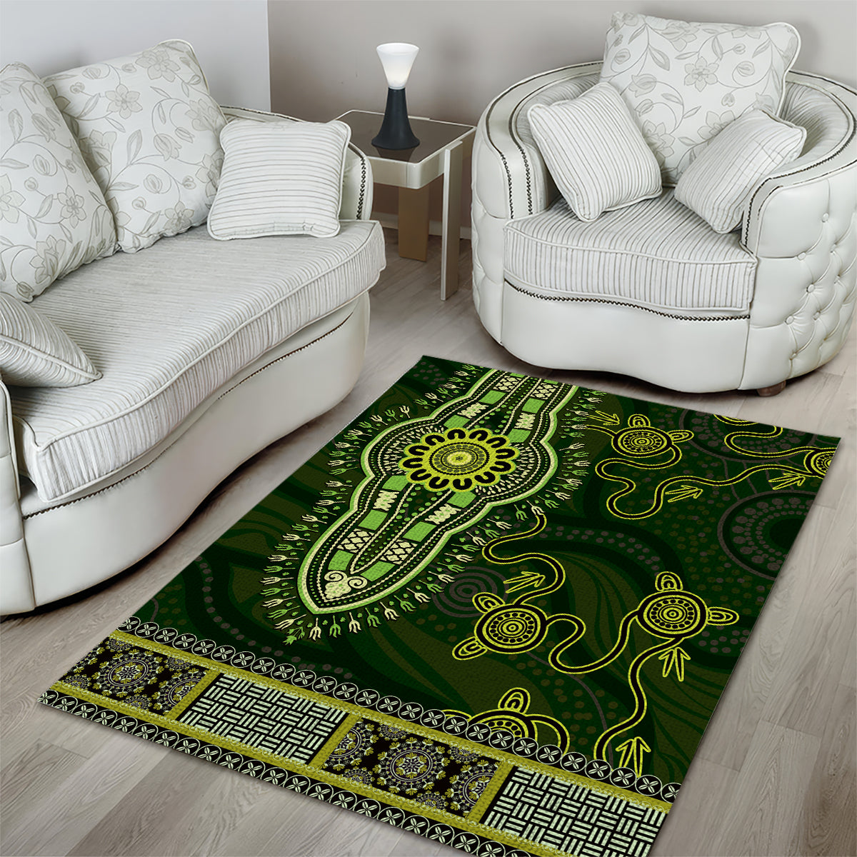 Lime Green African Dashiki With Australia Aboriginal Art Area Rug