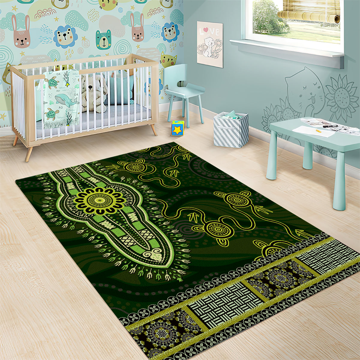 Lime Green African Dashiki With Australia Aboriginal Art Area Rug