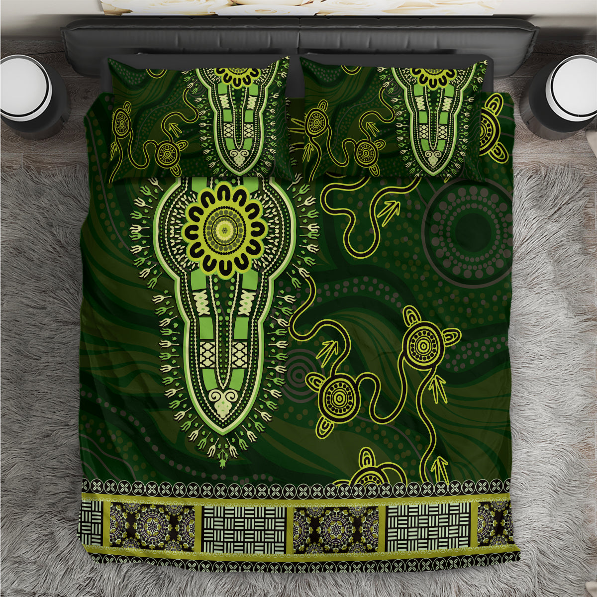 Lime Green African Dashiki With Australia Aboriginal Art Bedding Set