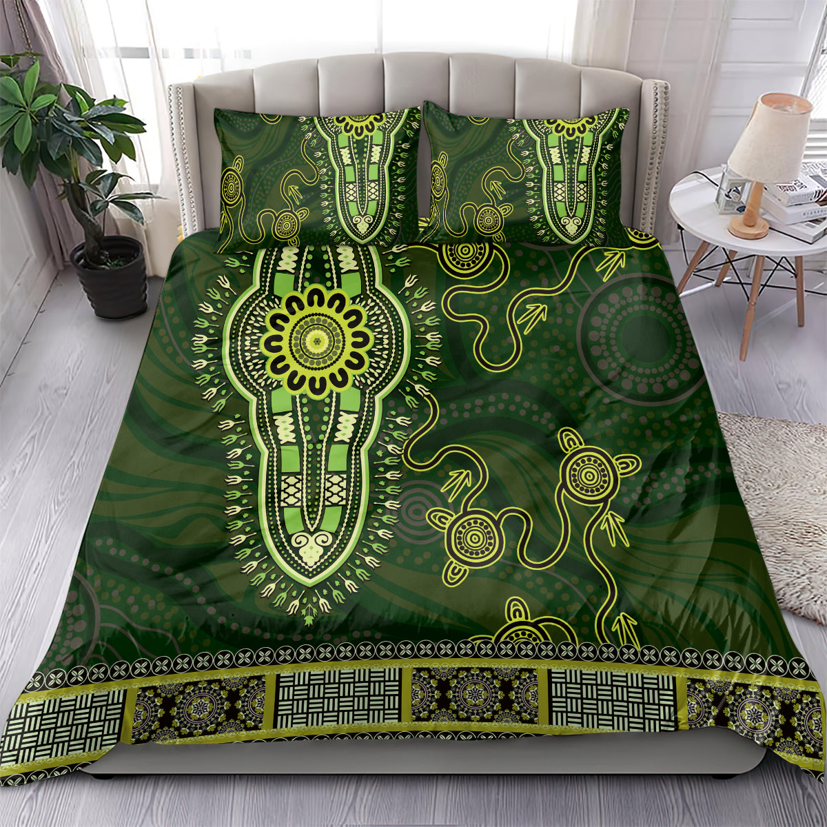 Lime Green African Dashiki With Australia Aboriginal Art Bedding Set