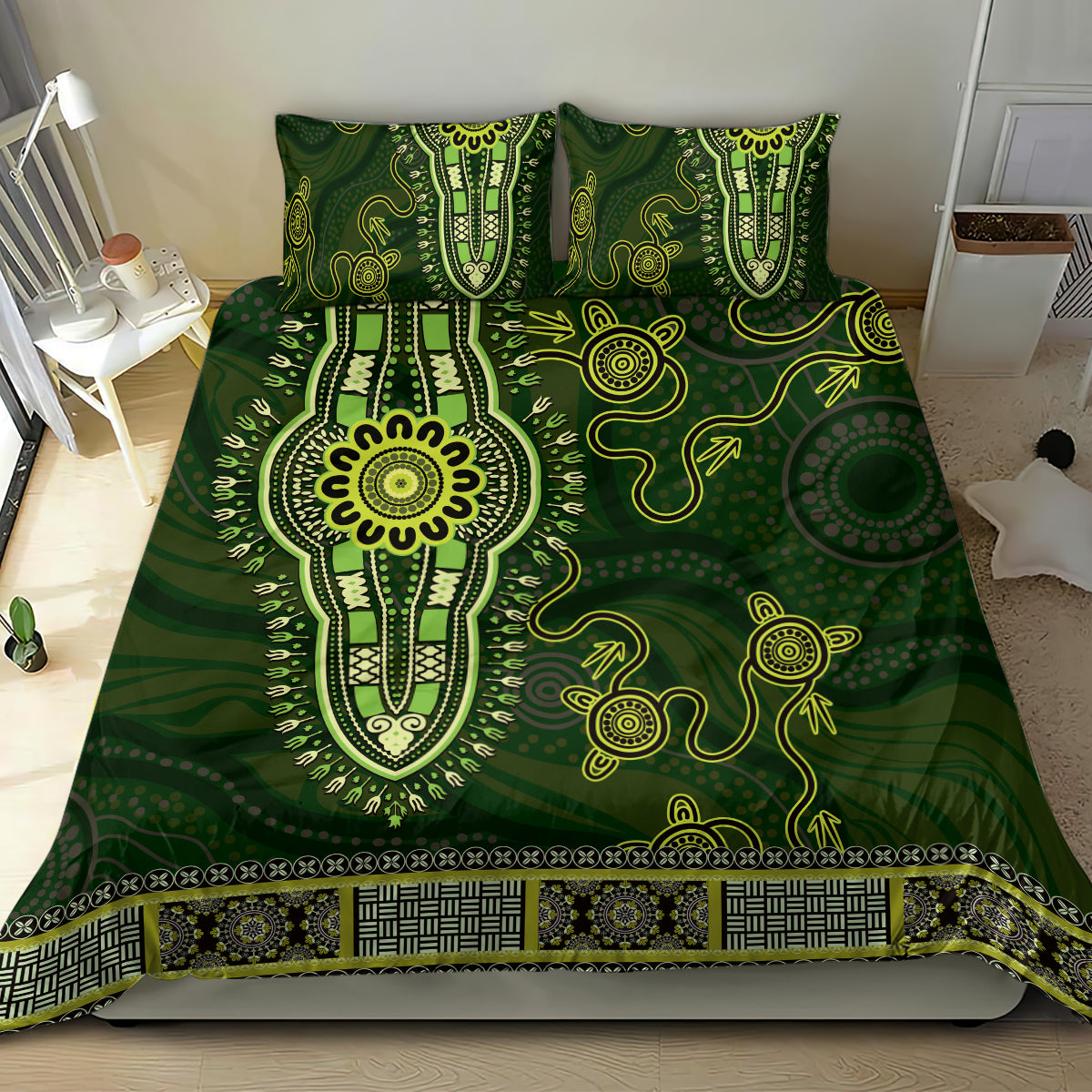 Lime Green African Dashiki With Australia Aboriginal Art Bedding Set