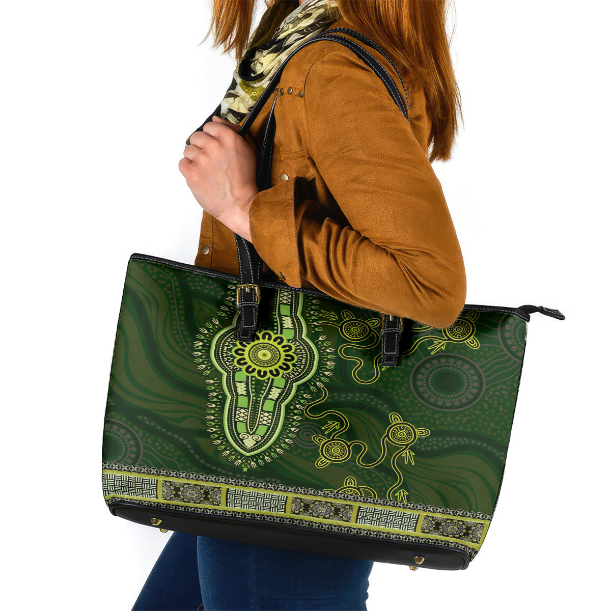 Lime Green African Dashiki With Australia Aboriginal Art Leather Tote Bag