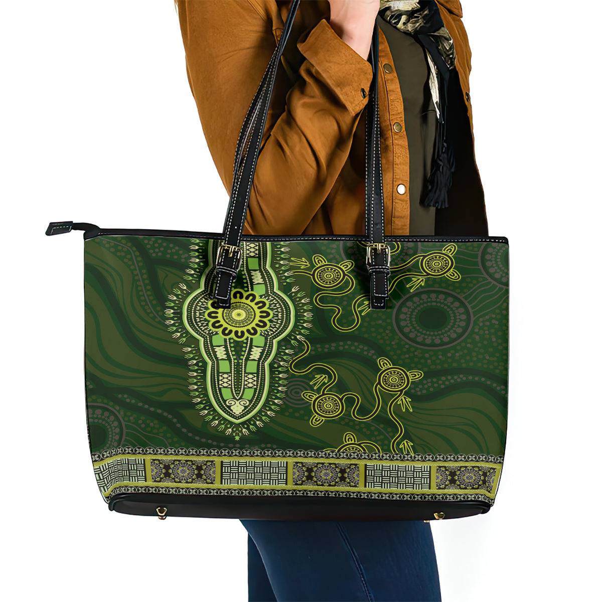 Lime Green African Dashiki With Australia Aboriginal Art Leather Tote Bag