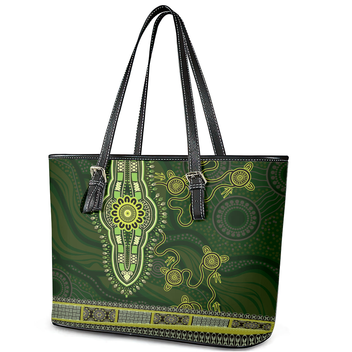 Lime Green African Dashiki With Australia Aboriginal Art Leather Tote Bag