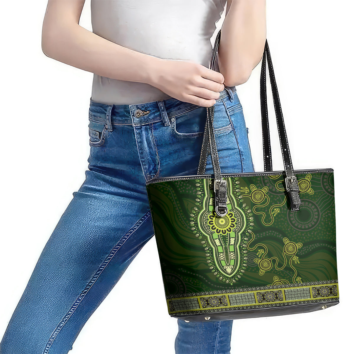 Lime Green African Dashiki With Australia Aboriginal Art Leather Tote Bag