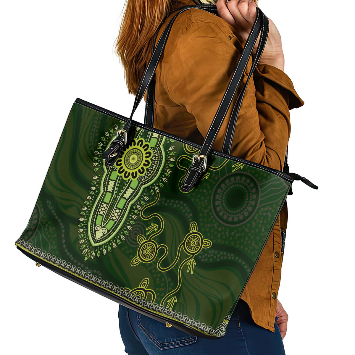 Lime Green African Dashiki With Australia Aboriginal Art Leather Tote Bag