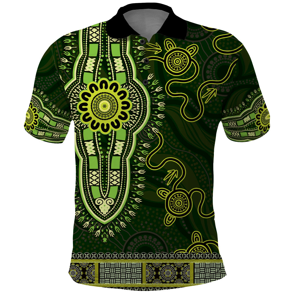 Lime Green African Dashiki With Australia Aboriginal Art Polo Shirt