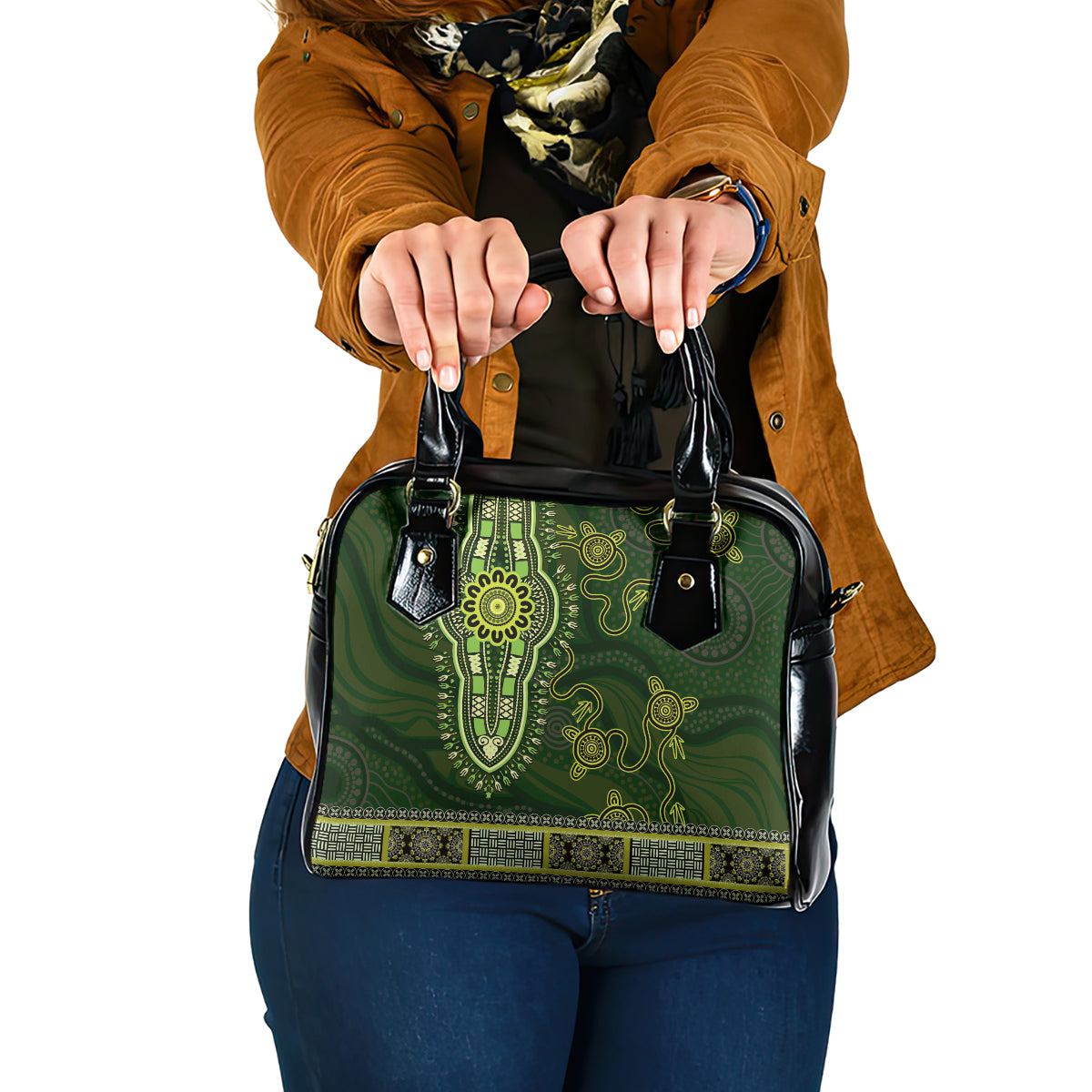 Lime Green African Dashiki With Australia Aboriginal Art Shoulder Handbag