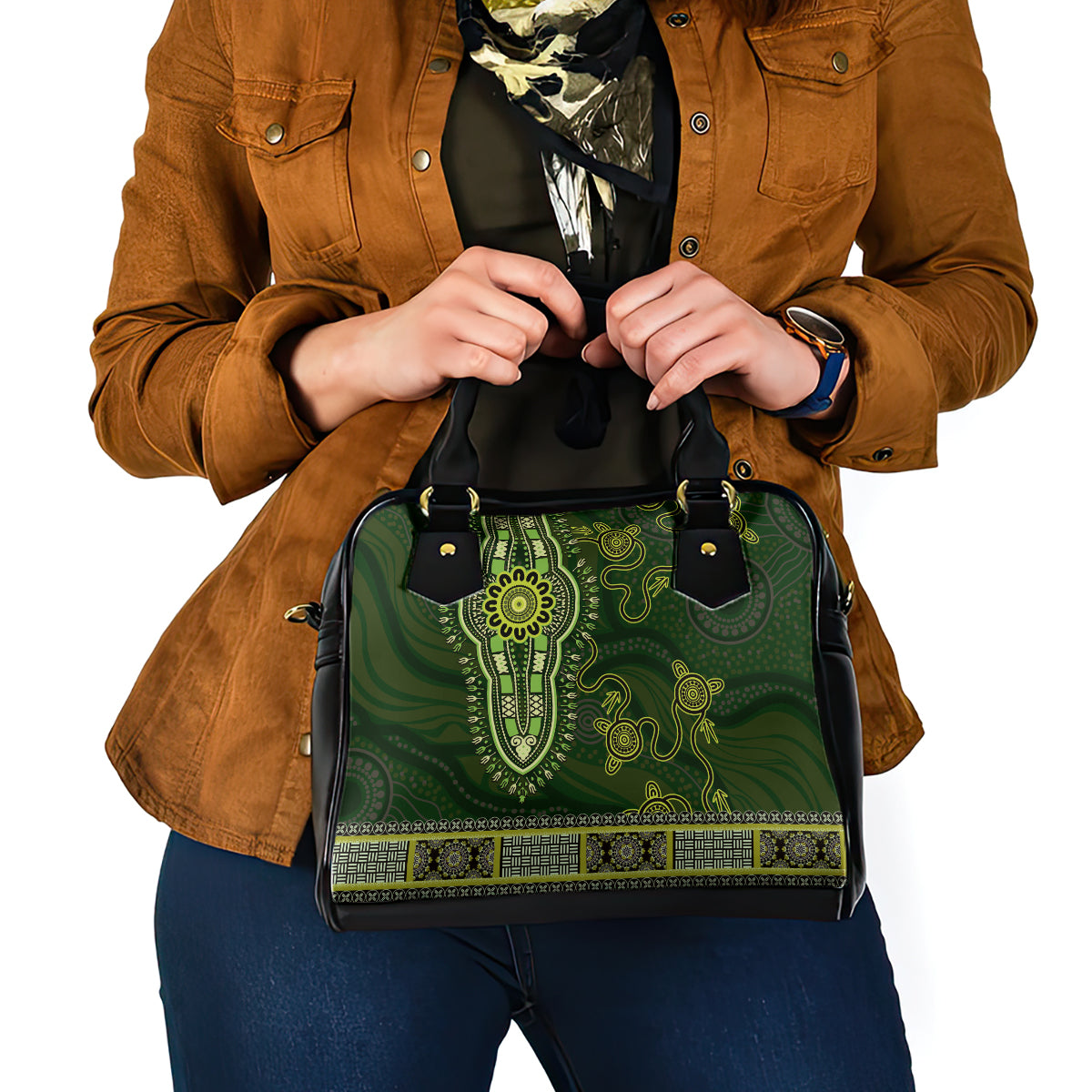 Lime Green African Dashiki With Australia Aboriginal Art Shoulder Handbag