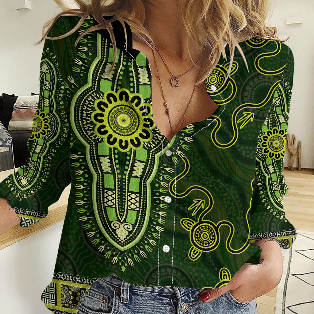 Lime Green African Dashiki With Australia Aboriginal Art Women Casual Shirt